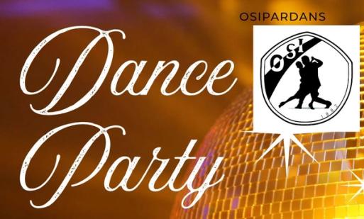 Plakat med teksten «Dance Party» og «OSIPARDANS», illustrert med en gyllen diskokule og en logo med et dansende par.