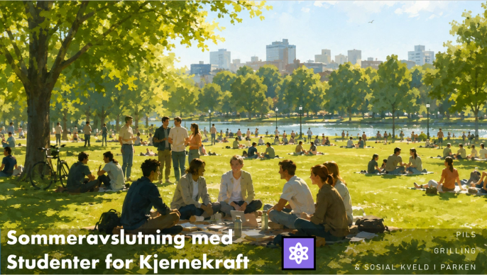 Illustrasjon av mange studenter som sitter i grupper på et grønt parkområde en solrik dag, med trær, en elv og byens skyline i bakgrunnen, og teksten «Sommeravslutning med Studenter for Kjernekraft» over bildet.
