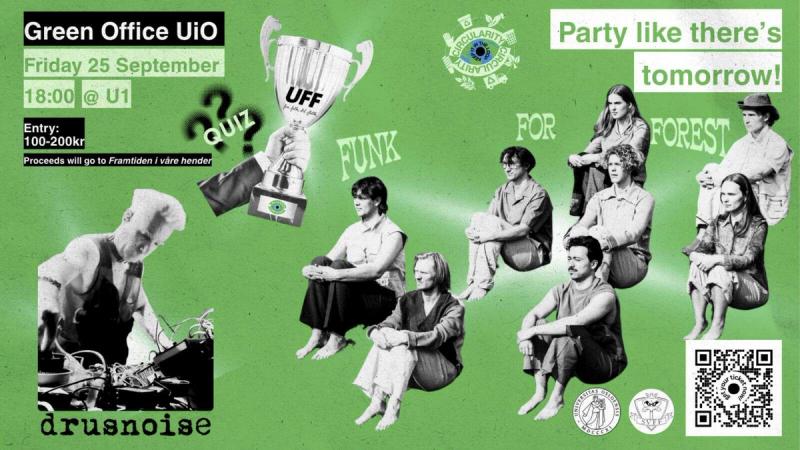 grønn plakat med folk, en dj og en pokal