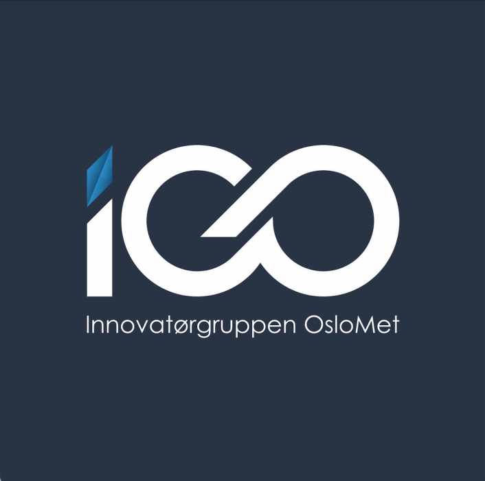 Logo for Innovatørgruppen OsloMet med hvit, stilisert «IGO»-tekst på mørk blå bakgrunn og et blått geometrisk element i bokstaven I.