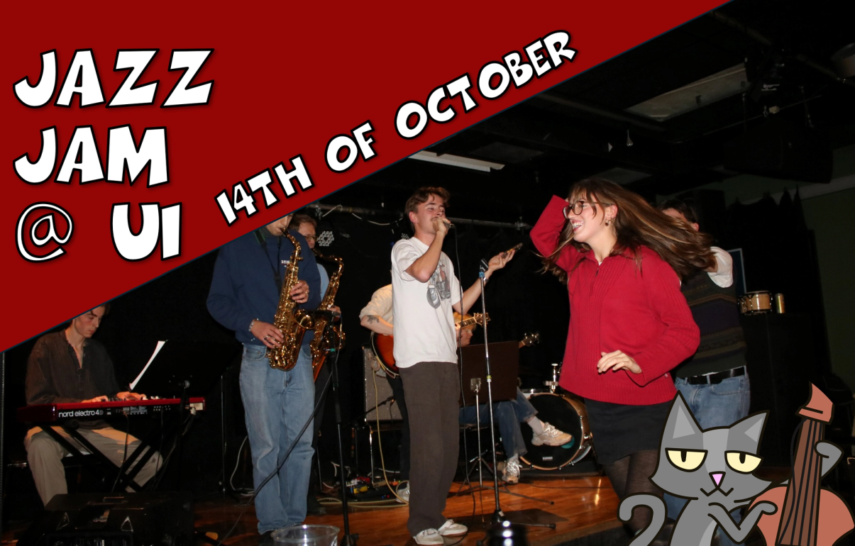 Plakat for «Jazz Jam @ UI» 14. oktober, med et jazzband som spiller på en mørk scene mens en kvinne i rød genser danser foran.