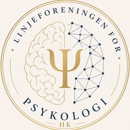 Rund logo for Linjeforeningen for psykologi HK, med en stilisert hjerne der venstre halvdel er organisk tegnet og høyre halvdel består av et nettverk av punkter og linjer. Et gyllent psykologisymbol står i midten.