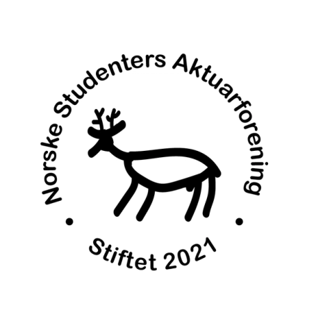 Svart logo for Norske Studenters Aktuarforening med en stilisert reinsdyrfigur i midten og teksten «Stiftet 2021» under.