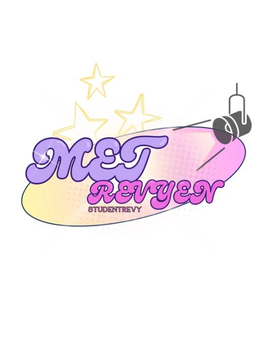 Fargerik logo med teksten «NEST Revyen» og «Studentrevy», dekorert med stjerner og en scenelampe.