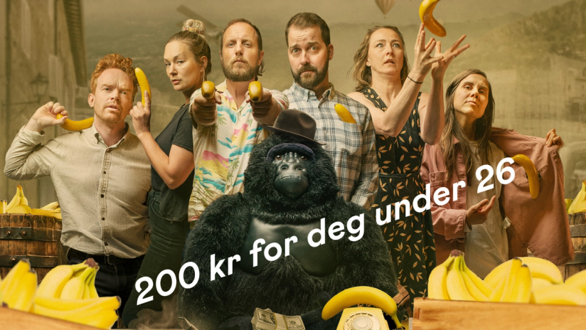 Bilde av skuespillerne med bananer og gorilla