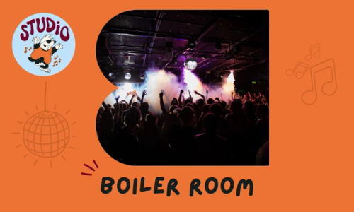 Illustrasjon med en stor folkemengde som danser på en klubb med røyk og fargerike lys, omgitt av en oransje ramme med teksten «Boiler Room» og tegninger av diskokule, noter og en dansende figur.
