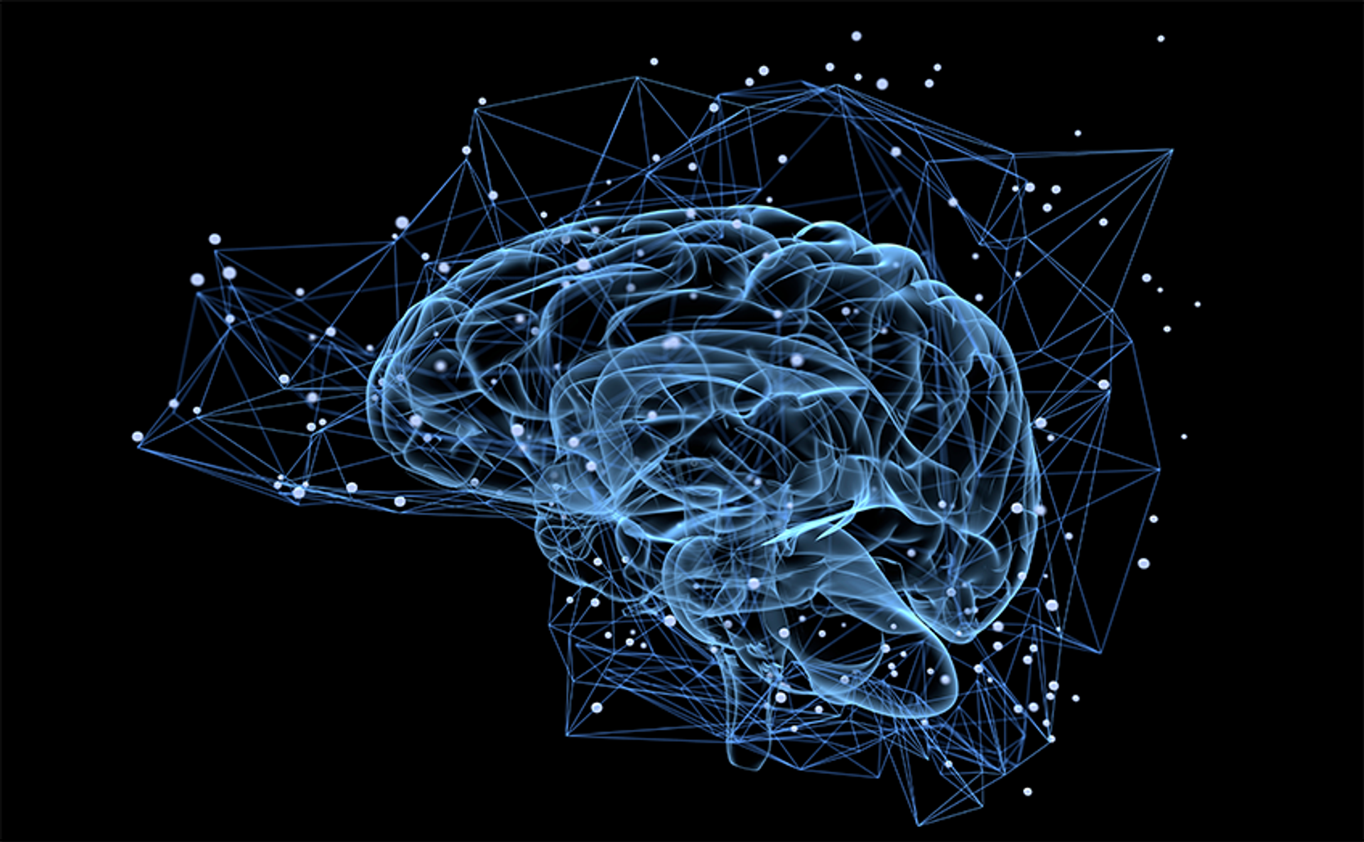 Glowing blue brain surrounded by a digital network on a black background.