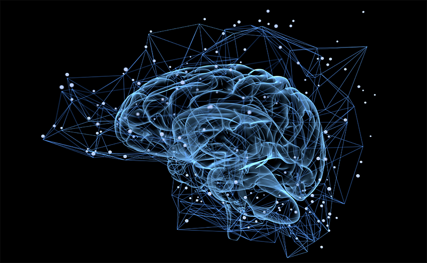 Glowing blue brain surrounded by a digital network on a black background.