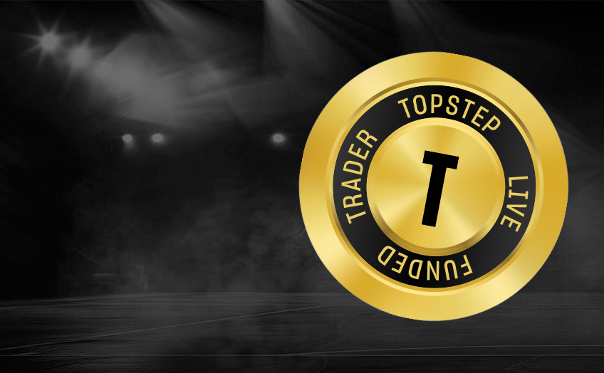 Gold Topstep Trader Funded Live badge on a dark stage background.
