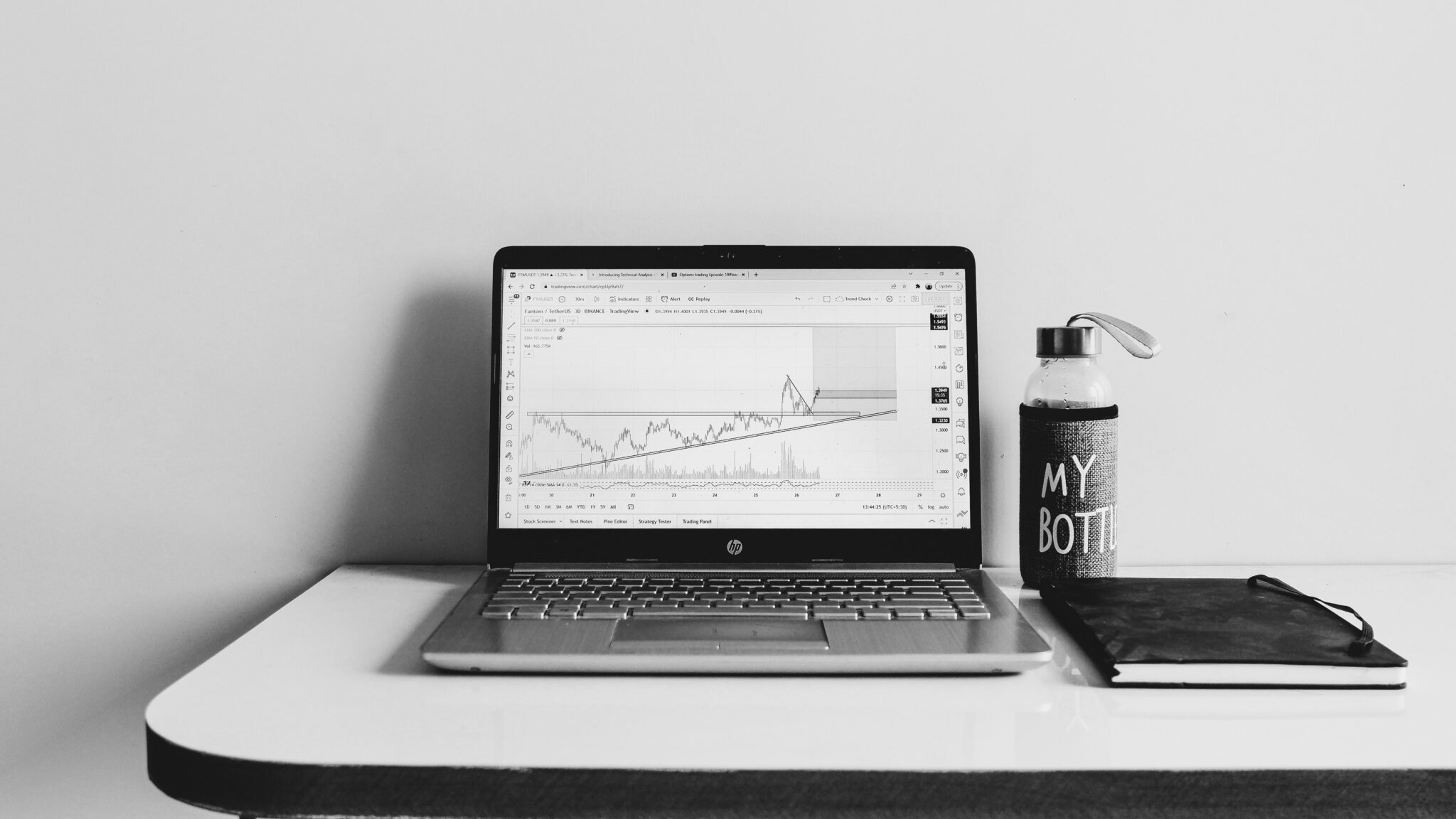 Laptop showing stock chart on desk with water bottle and notebook