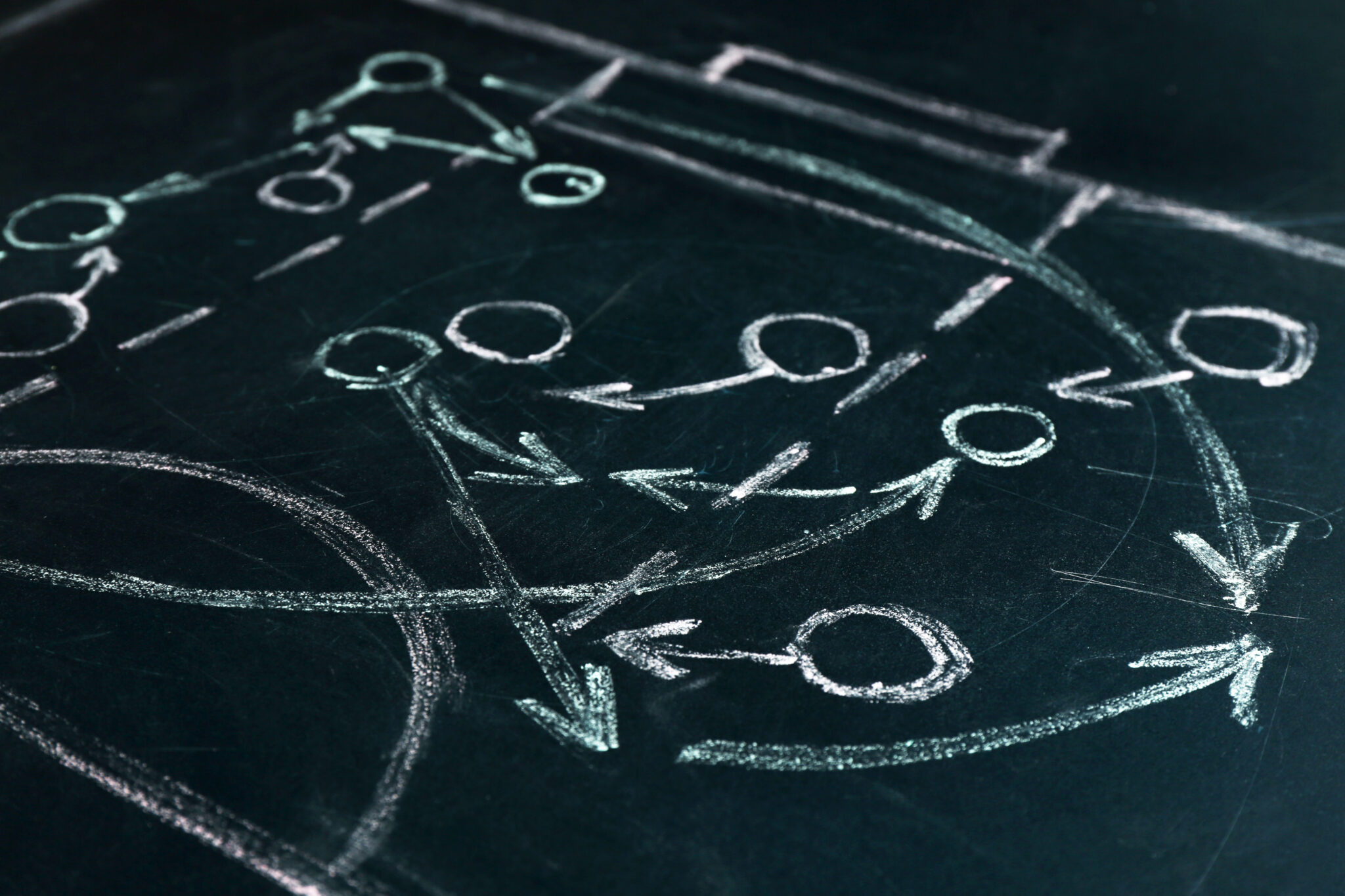 Chalkboard diagram with arrows and circles illustrating a strategic game plan.