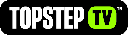 Topstep TV promo graphic advertising live trading content and subscriptions.