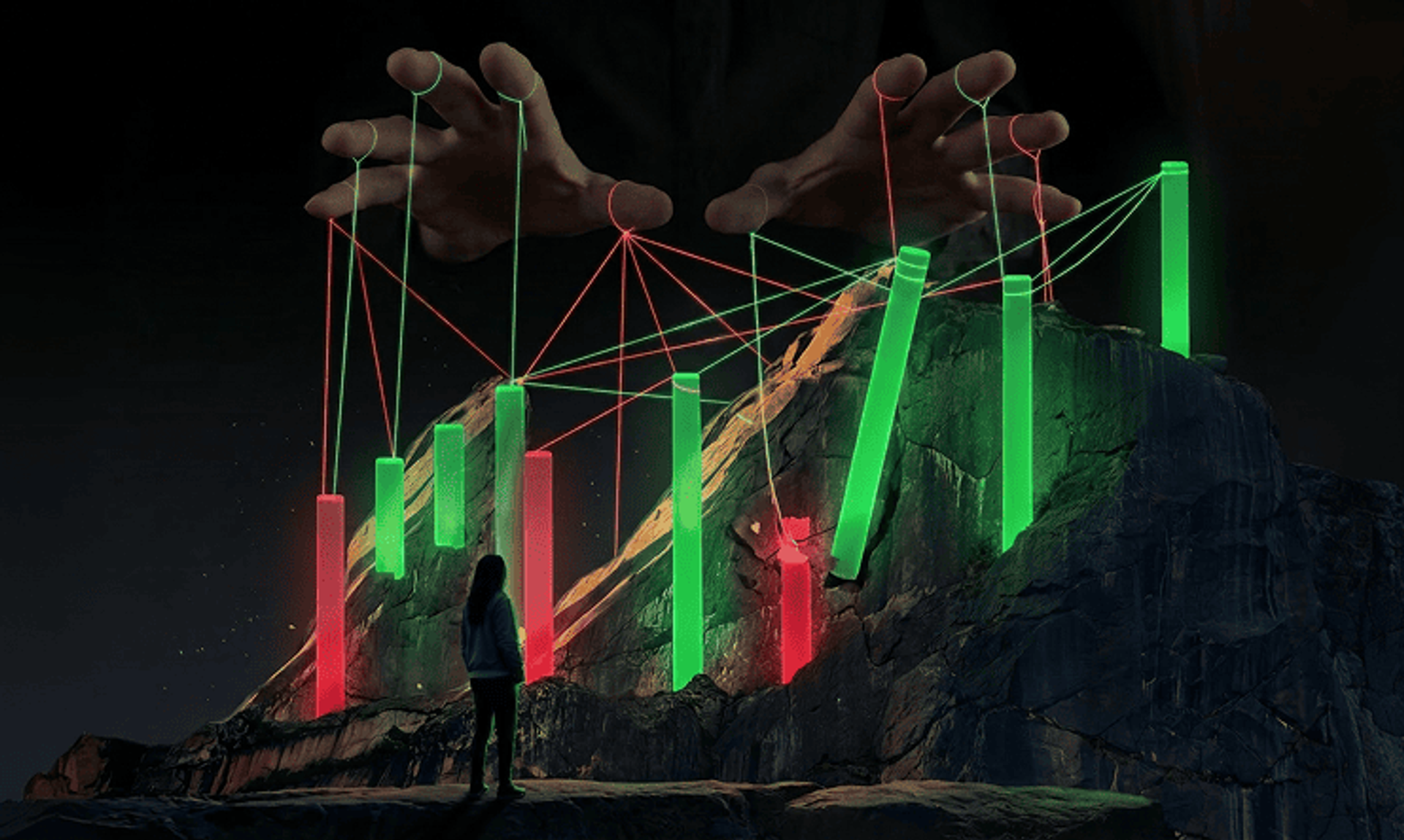Hands with puppet strings attached to glowing candlesticks