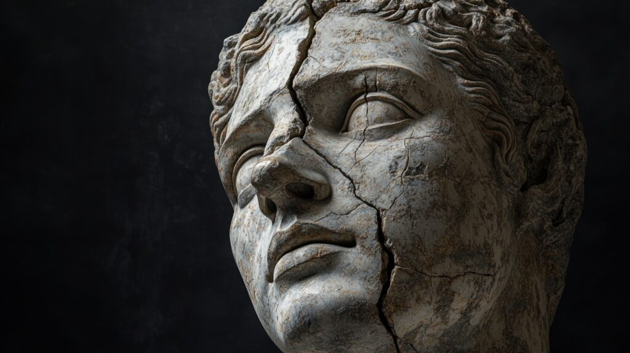 Close-up of a cracked stone statue face against a dark background.