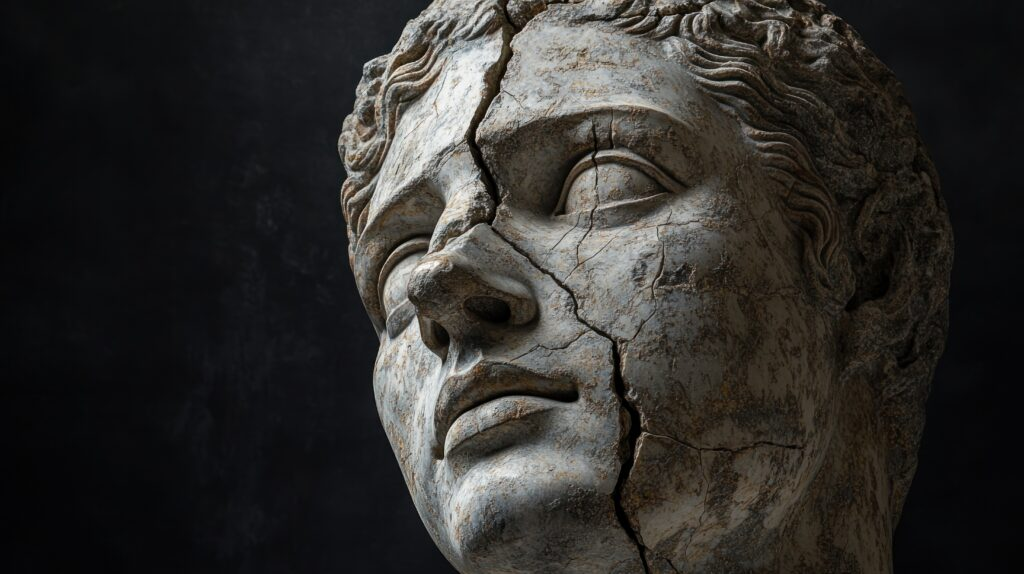Close-up of a cracked stone statue face against a dark background.