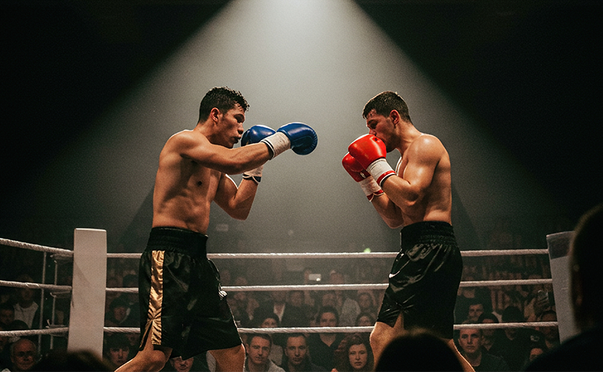 Two boxers face off in a boxing ring under bright arena lights.