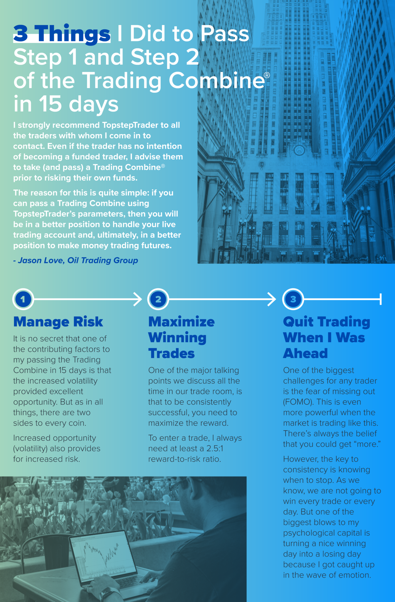Blue infographic listing tips to pass the Trading Combine® in 15 days.