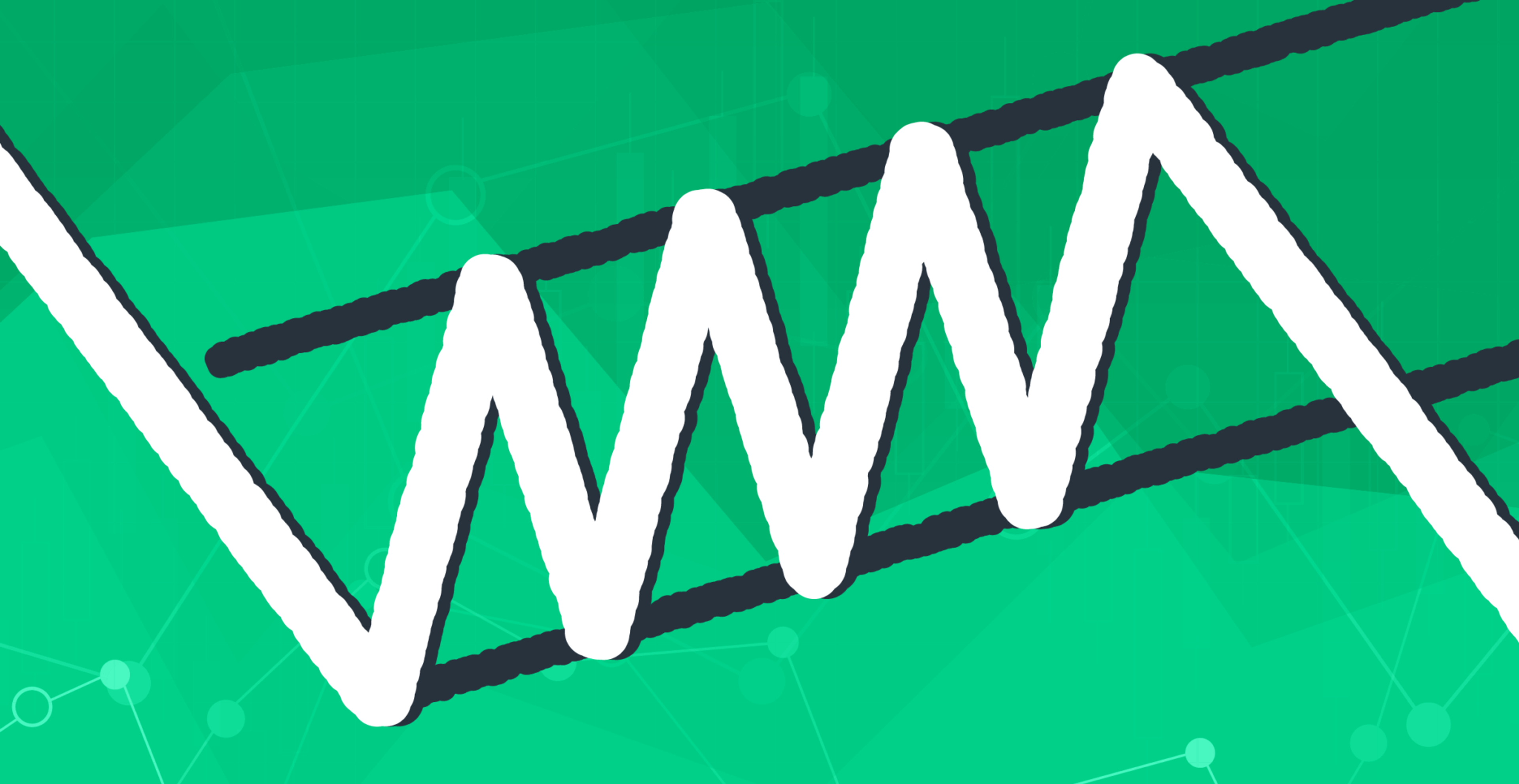 Stylized zigzag line chart on a green background framed by diagonal black lines.