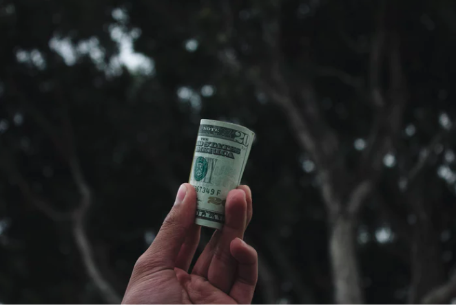 Hand holding a rolled U.S. dollar bill outdoors