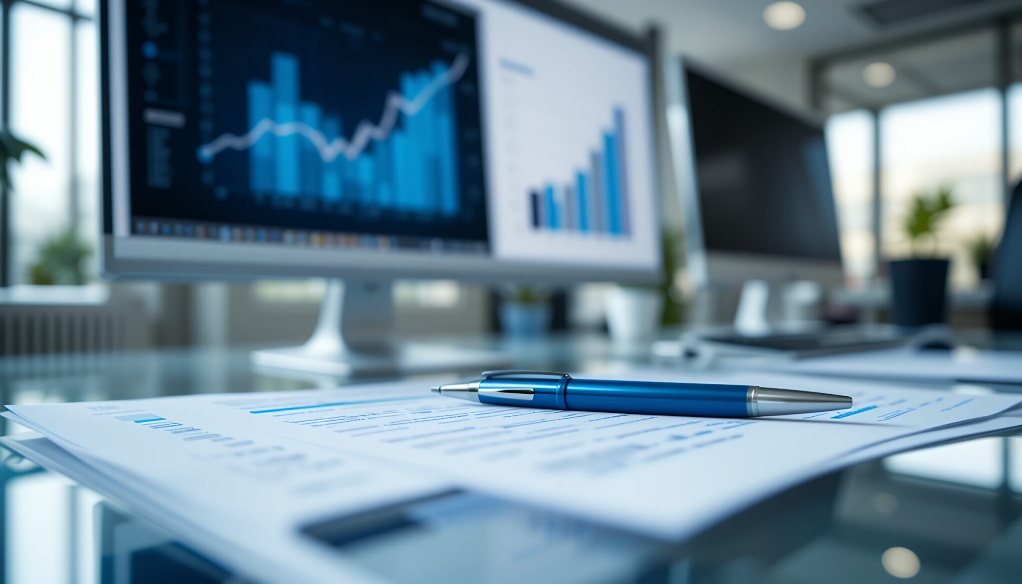 Blue pen on documents with a monitor showing bar and line graphs in the background.