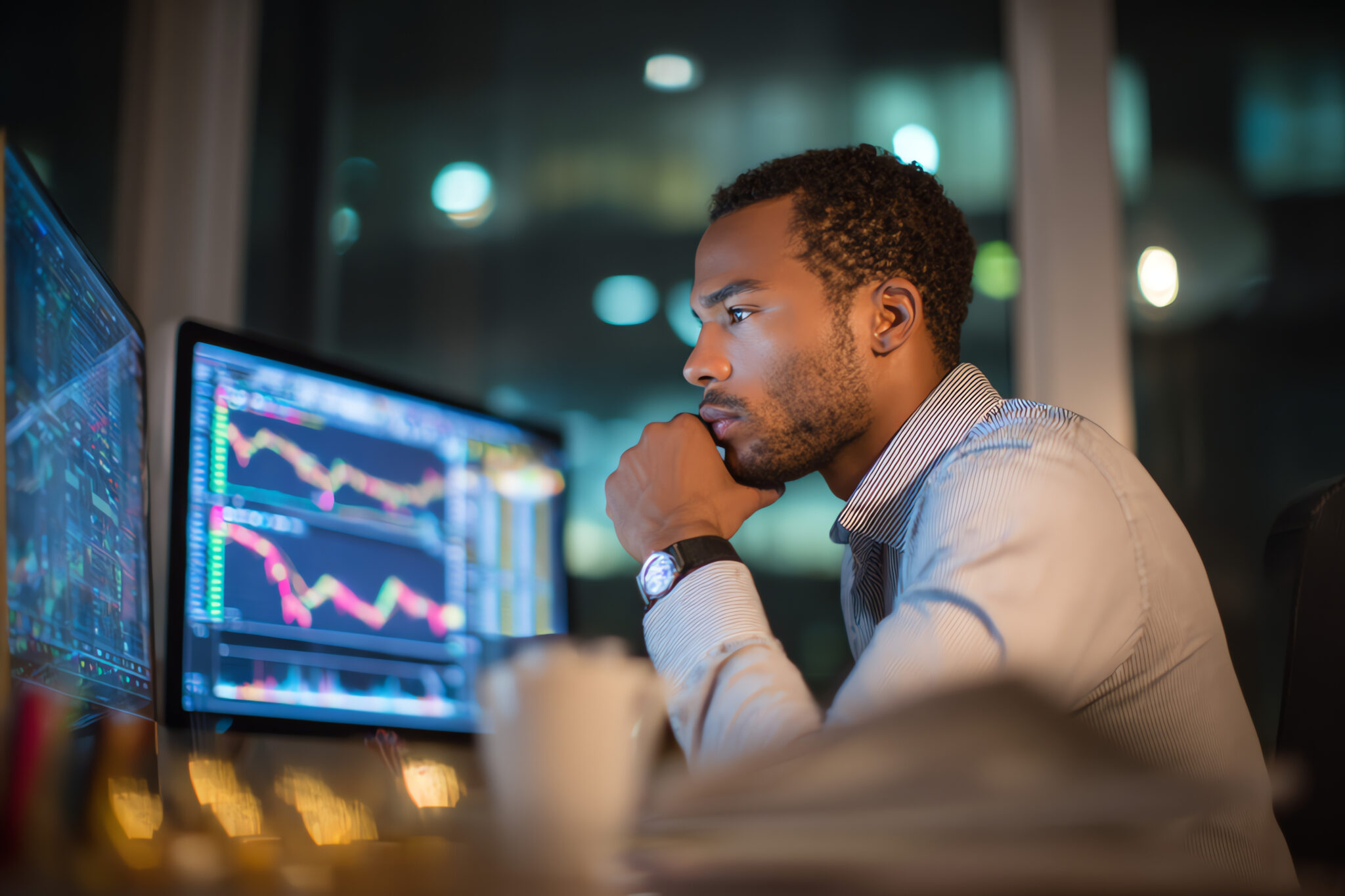 Man at a desk at night viewing financial stock charts on dual monitors.