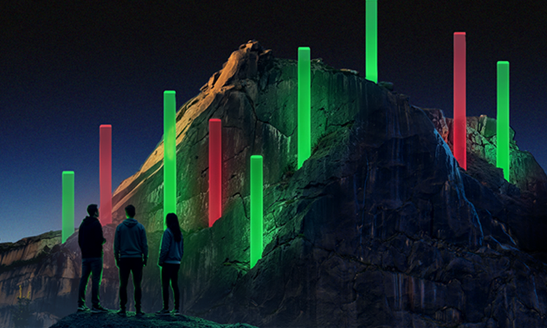 Three people standing at the foot of a mountain with red and green glowing candlesticks around them.