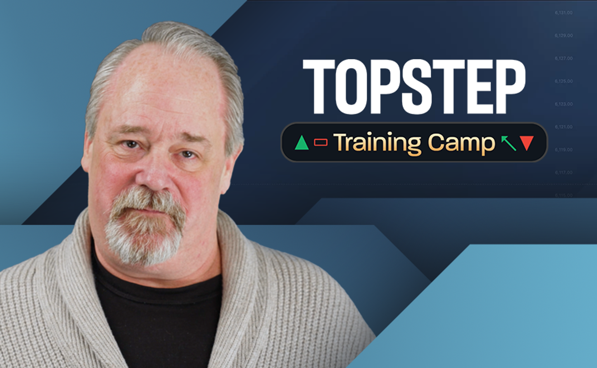 John Hoagland against a blue background for Topstep Training Camp promotional graphic