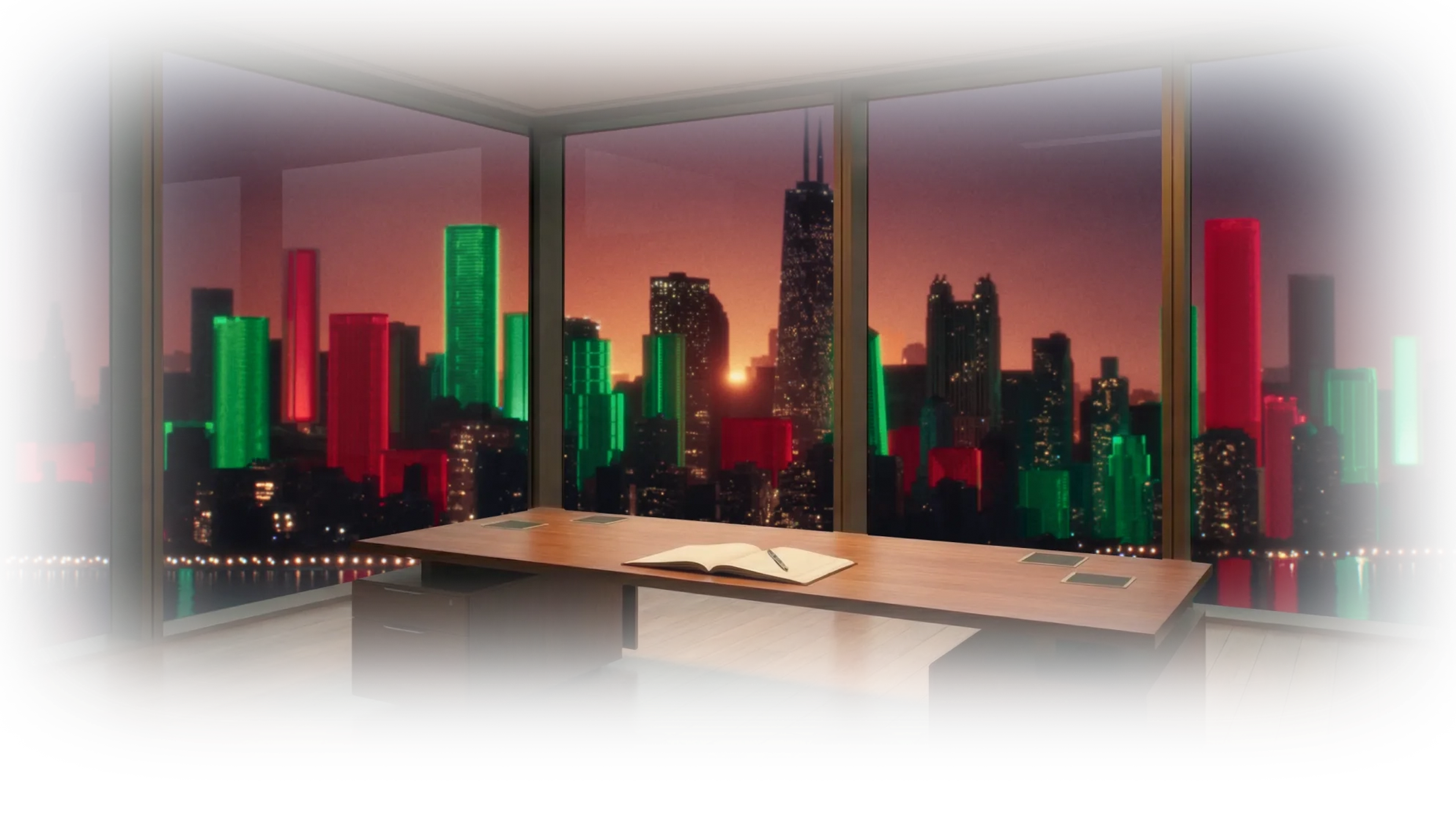 Red and green candlestick city skyline