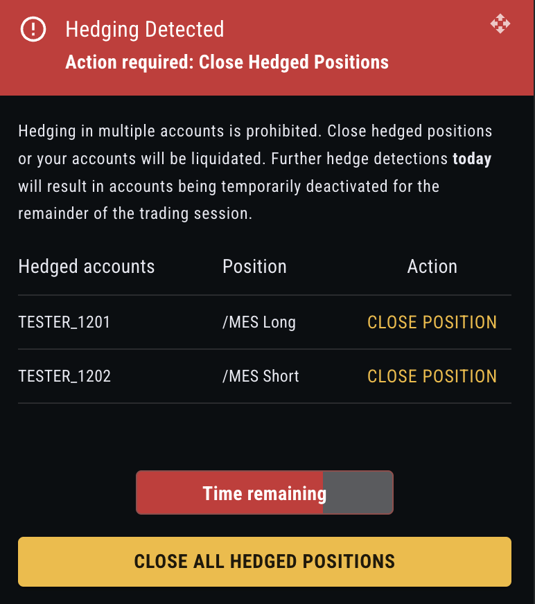 Hedging warning in TopstepX prompting a trader to close opposing positions across accounts.