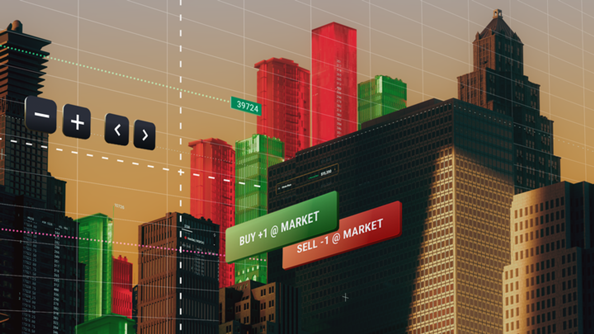 City with 3D red and green candlesticks to simulate trading markets