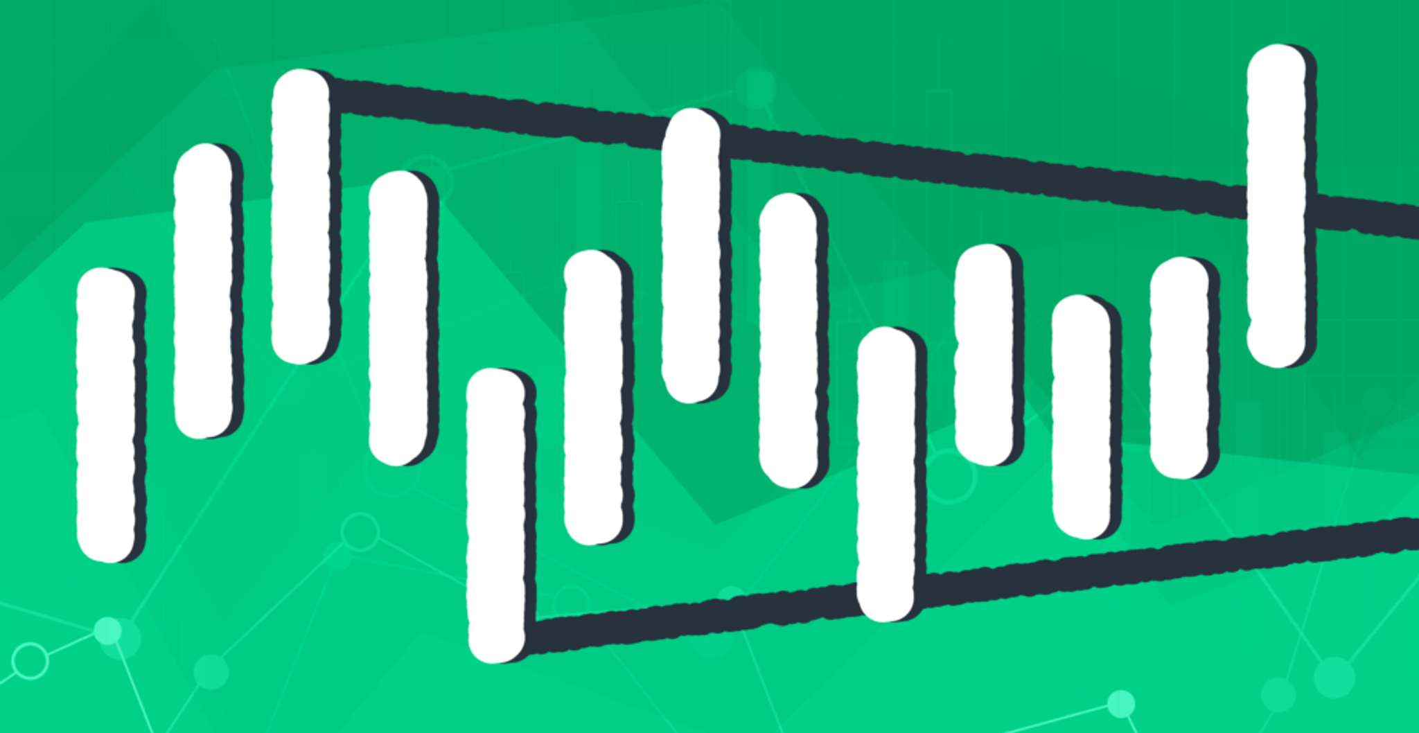 Stylized candlestick chart showing price movement on a green background.