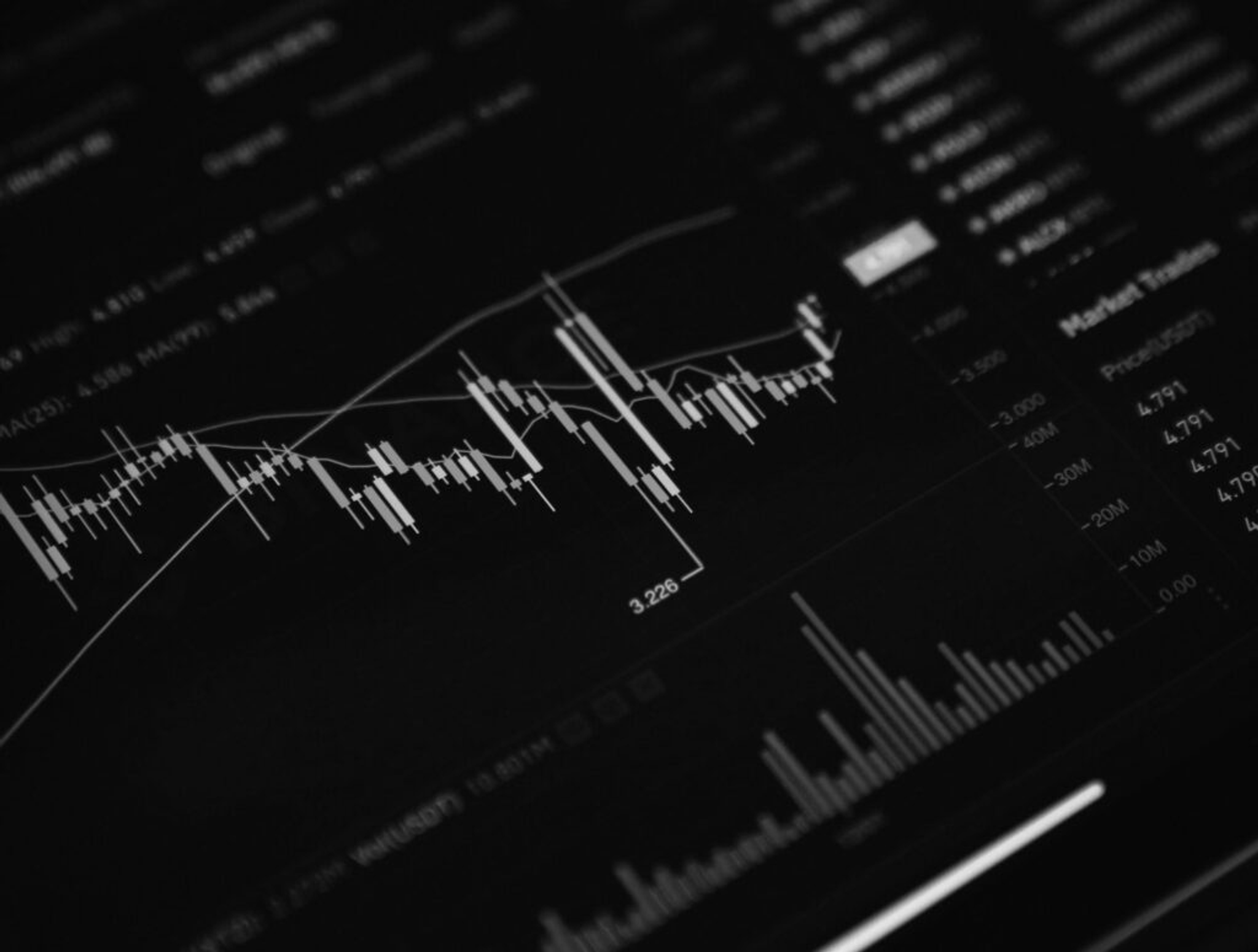Dark trading interface showing a candlestick chart with trend lines and indicators.