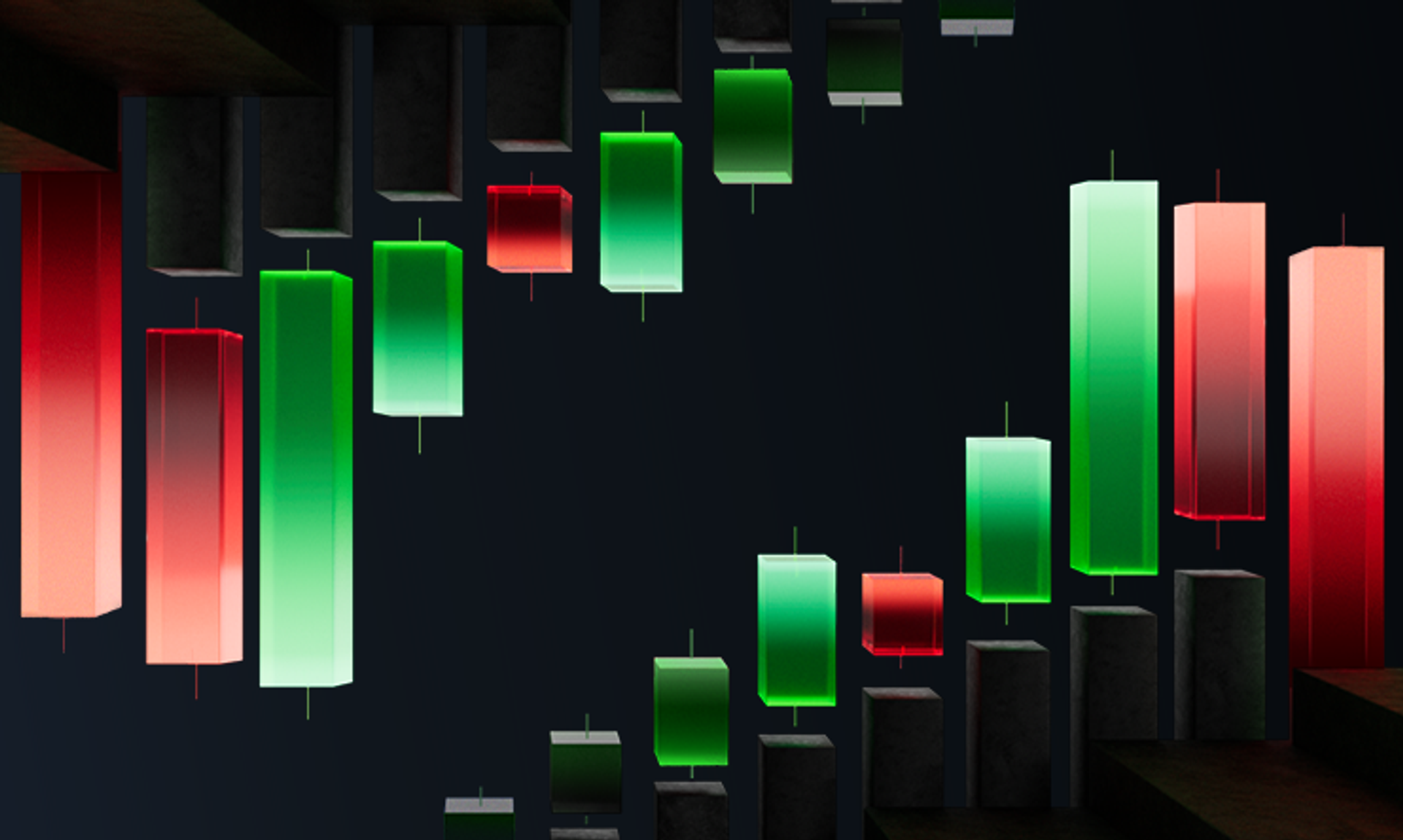Glowing green and red trading candlesticks on a black reflective background