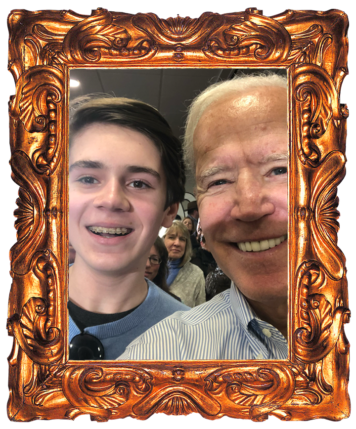 Charlie Andrade as a teenager, grinning beside Joe Biden in a crowd