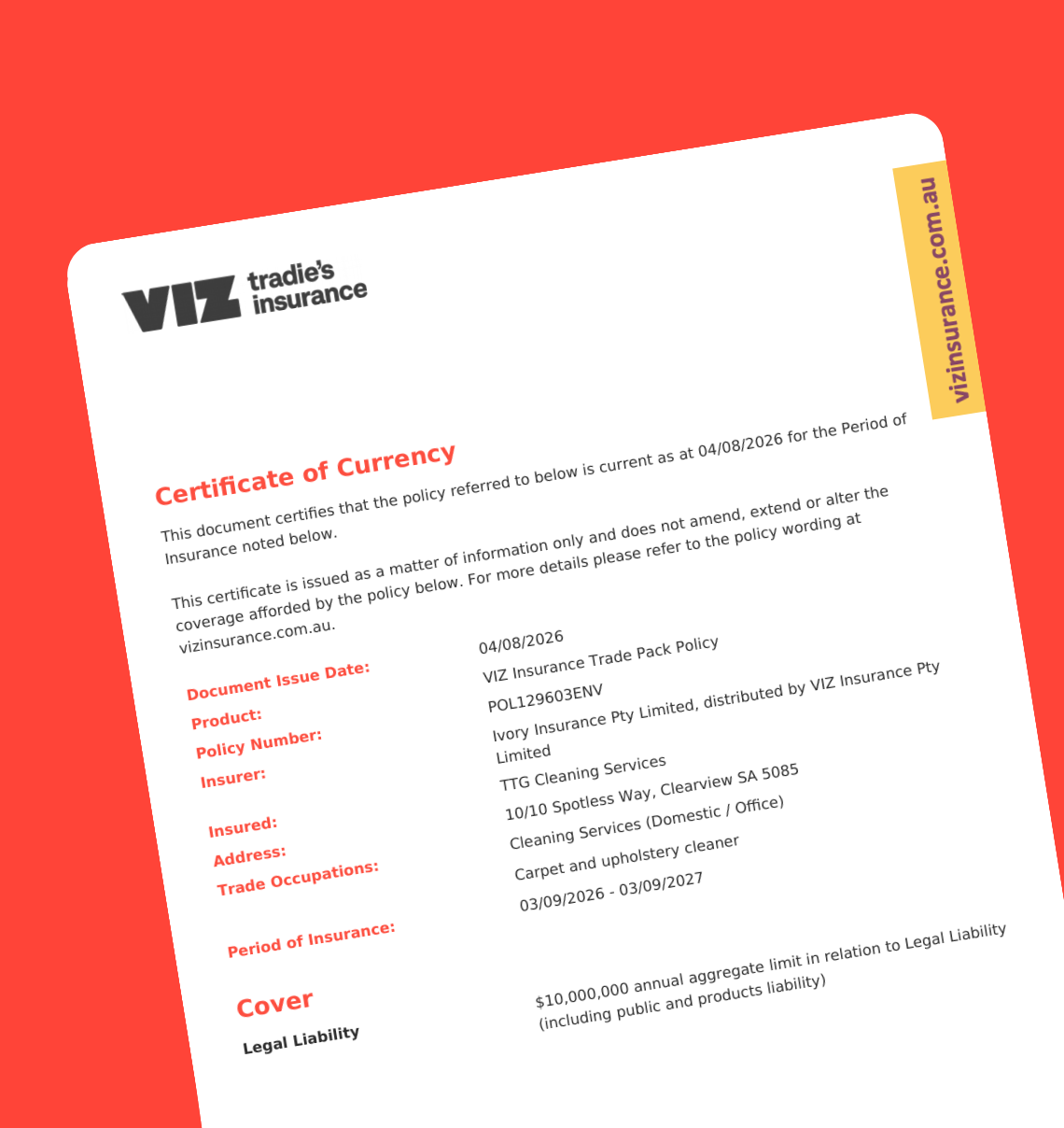 A cleaners certificate of currency