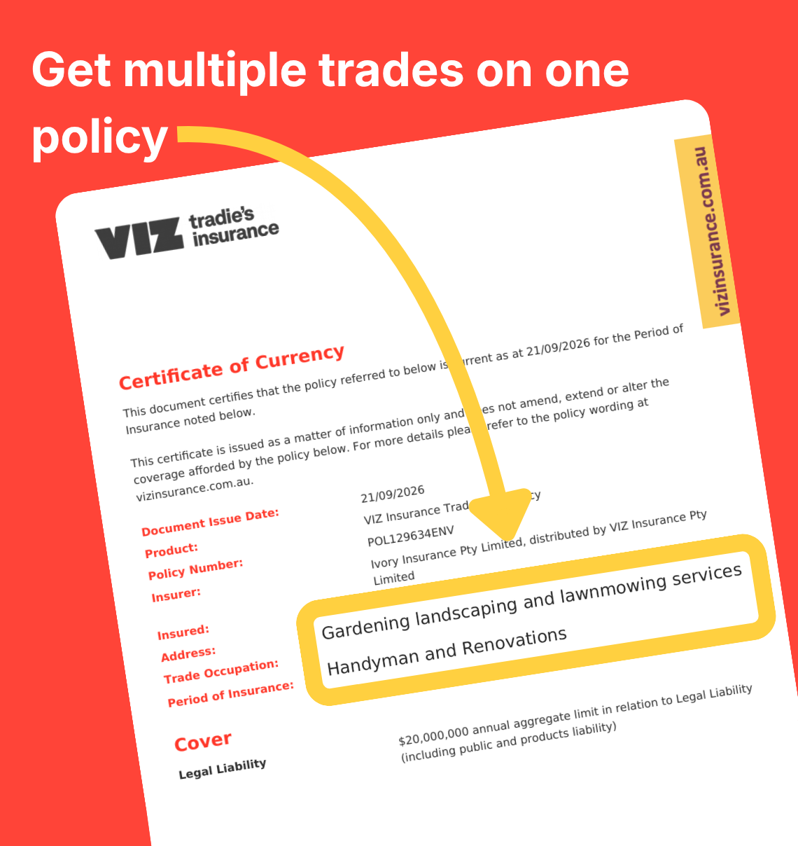 Certificate of Currency showing gardening, lawn mowing and landscaping as one occupation and handyman work as a second occupation on a VIZ policy.