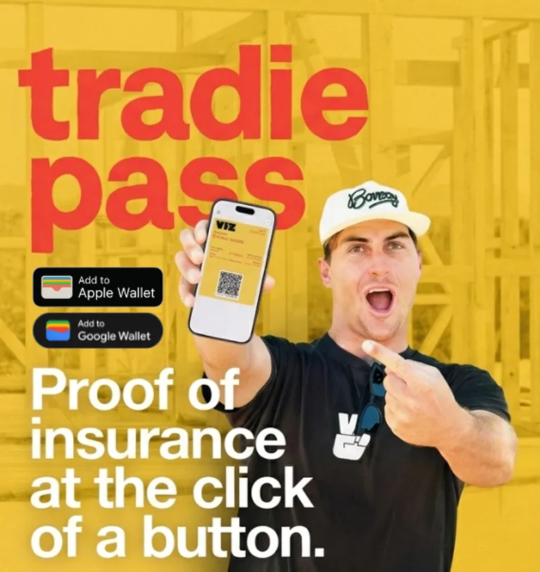 Callum Robson on site with the VIZ Tradie Pass, captioned "Tradie pass: Proof of insurance at the click of a button"