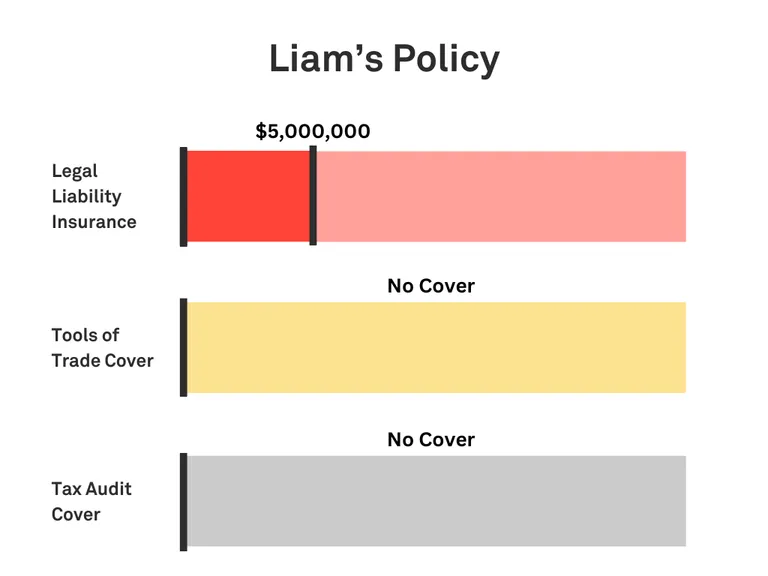 Graphic showing Liam’s policy with $5 million Legal Liability, no tools cover, no Tax Audit cover, and a Monthly Payment of around $29, based in NSW.