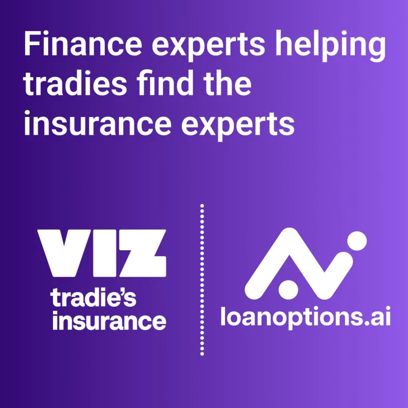 Graphic containing loanoptions.ai's logo, titled "Finance experts helping tradies find the insurance experts".