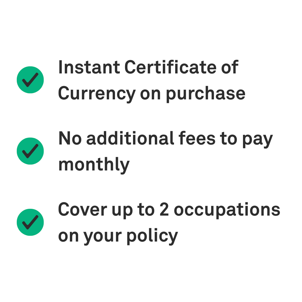 VIZ Tradies Insurance feature list showing three key benefits: instant Certificate of Currency upon purchase, no additional fees for paying monthly, and the option to cover up to two occupations under one policy.