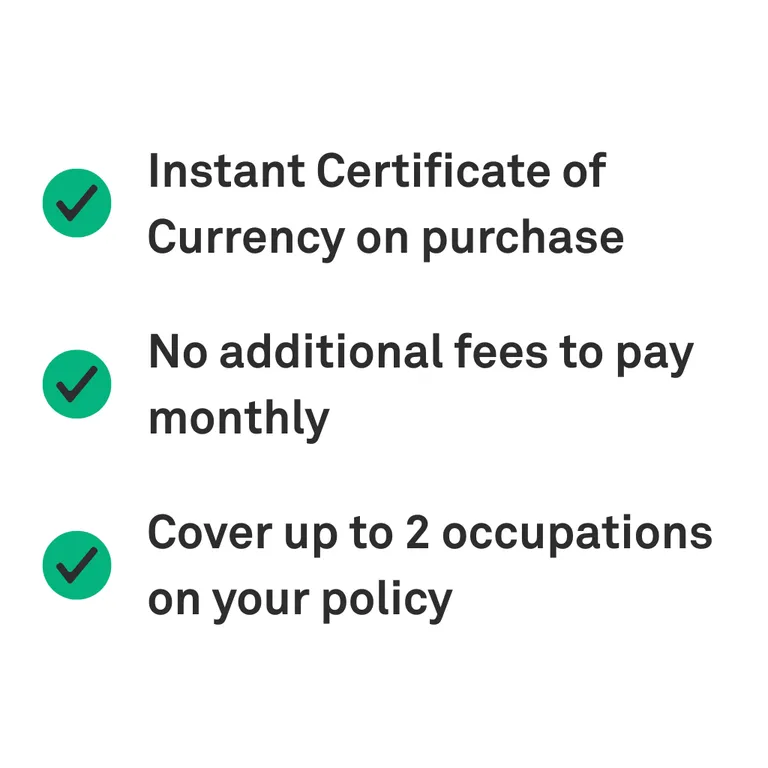 VIZ Tradies Insurance feature list showing three key benefits: instant Certificate of Currency upon purchase, no additional fees for paying monthly, and the option to cover up to two occupations under one policy.