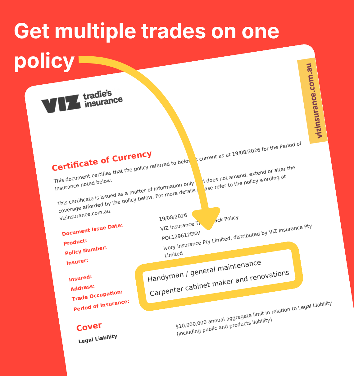 Certificate of Currency showing bricklayer and stonemason/dry stone wall occupations covered under one VIZ tradies insurance policy.