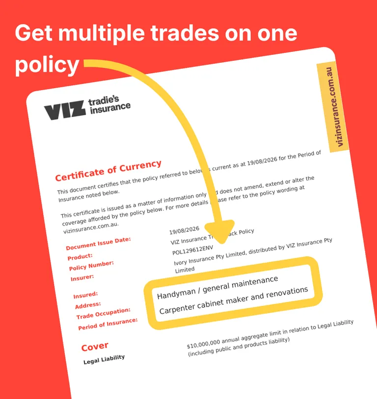 Certificate of Currency showing bricklayer and stonemason/dry stone wall occupations covered under one VIZ tradies insurance policy.