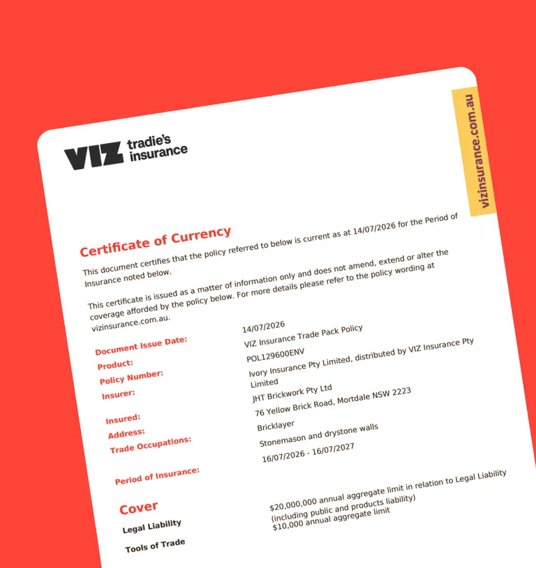 VIZ tradies insurance Certificate of Currency showing public liability cover for a bricklayer.