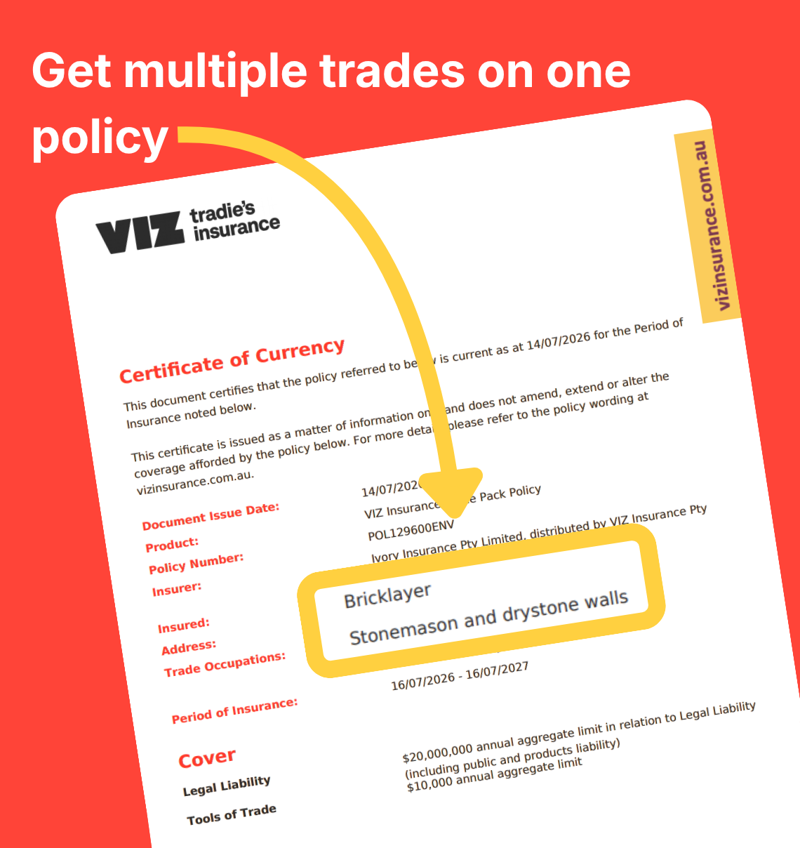Certificate of Currency showing bricklayer and stonemason/dry stone wall occupations covered under one VIZ tradies insurance policy.