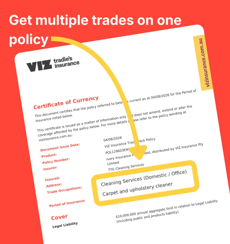 Certificate of Currency showing multiple occupations under one VIZ policy - image to be sourced