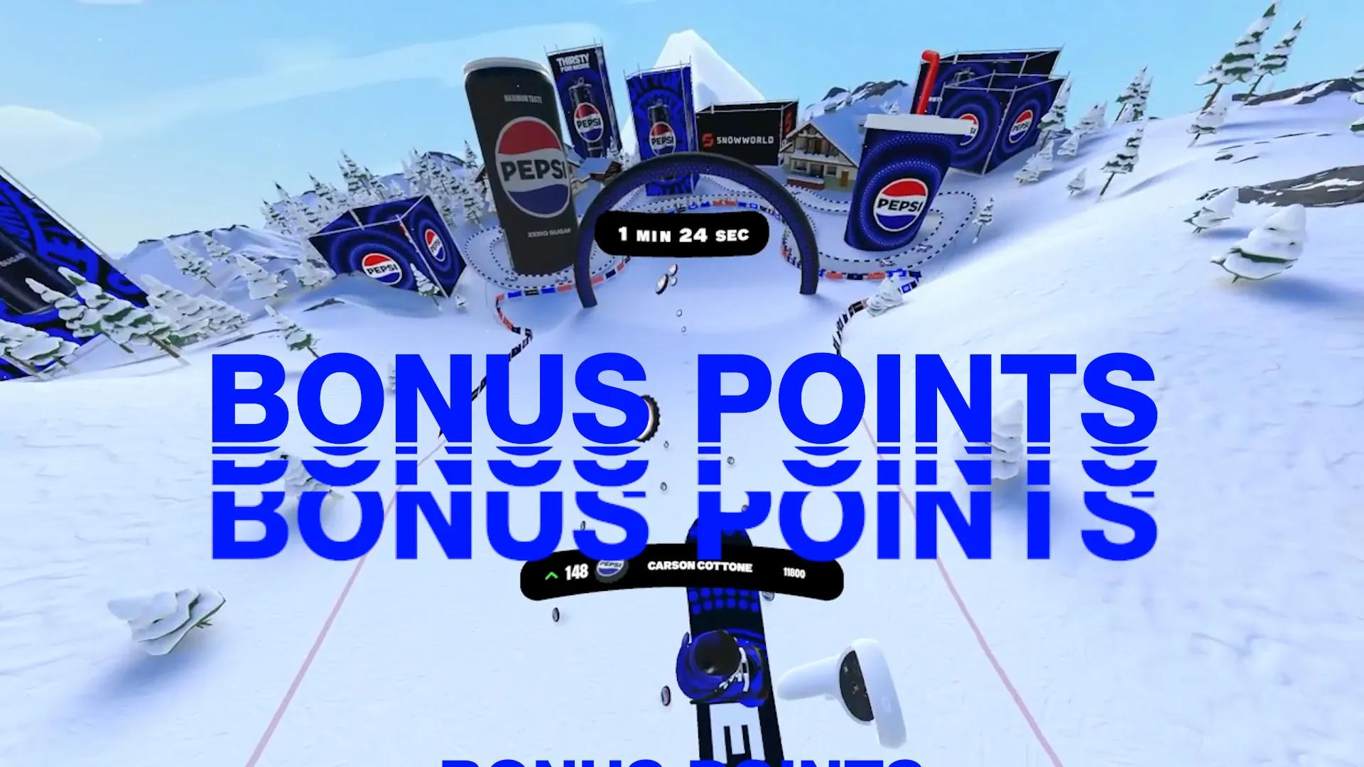 De op maat gemaakte "Pepsi Slope Challenge"-wereld — SnowWorld-geïnspireerde hindernissen, ski-gates, ijskarren en touwklimmen met een Pepsi-twist.