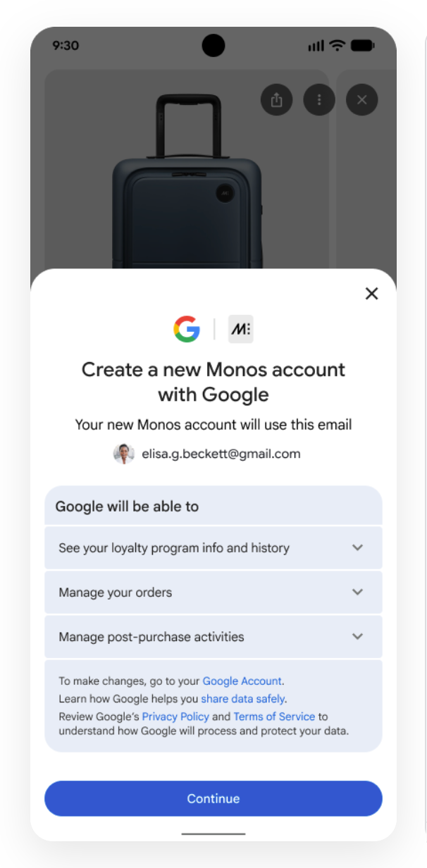 Screenshot of Identity Linking from Google, showing how they give the option to "Create a new account with Google"