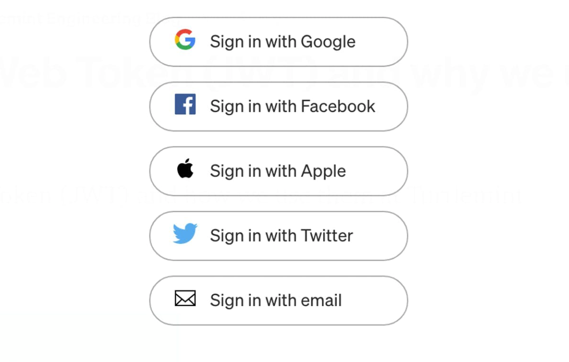 Examples of social login, like 'Sign in with Google', 'Sign in with Apple', 'Sign in with Facebook', and 'Sign in with email' which is native non-social login