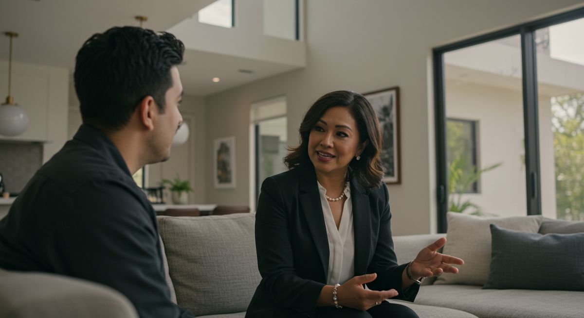 Real estate agent explaining Pocket Listing benefits to a client in a modern home